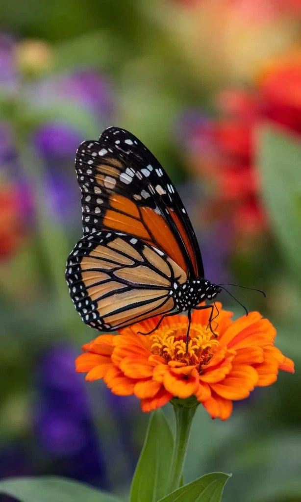 butterfly feeding on colorful flower in a biodiverse home garden