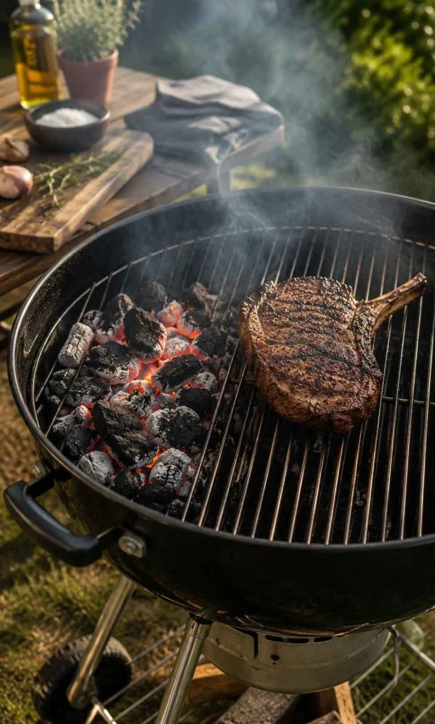 Charcoal barbecue demonstrating direct and indirect cooking zones.