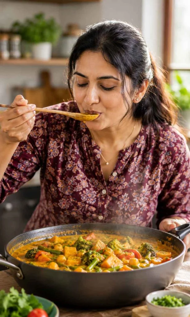 Home cook tasting vegetable curry before serving
