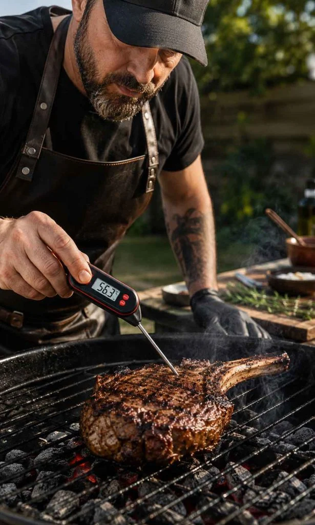 Chef checking grilled lamb using an instant-read digital thermometer.
