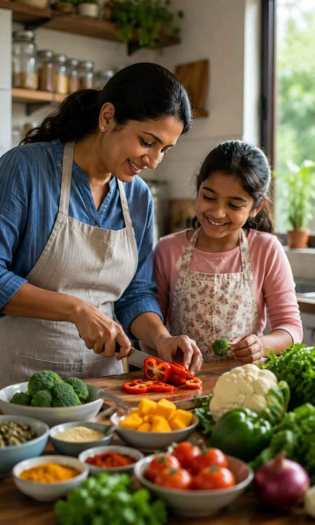 Child helping parent prepare vegetables for curry