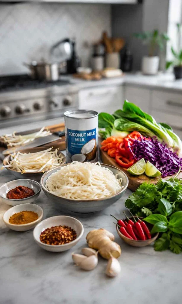 Fresh ingredients arranged for coconut curry noodles