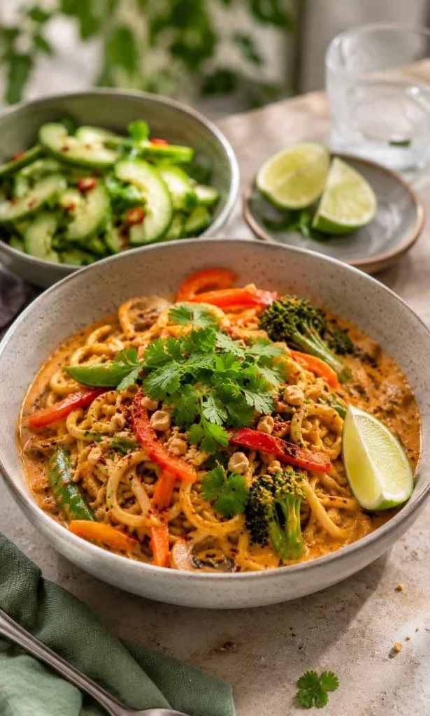 Coconut curry noodles served with cucumber salad