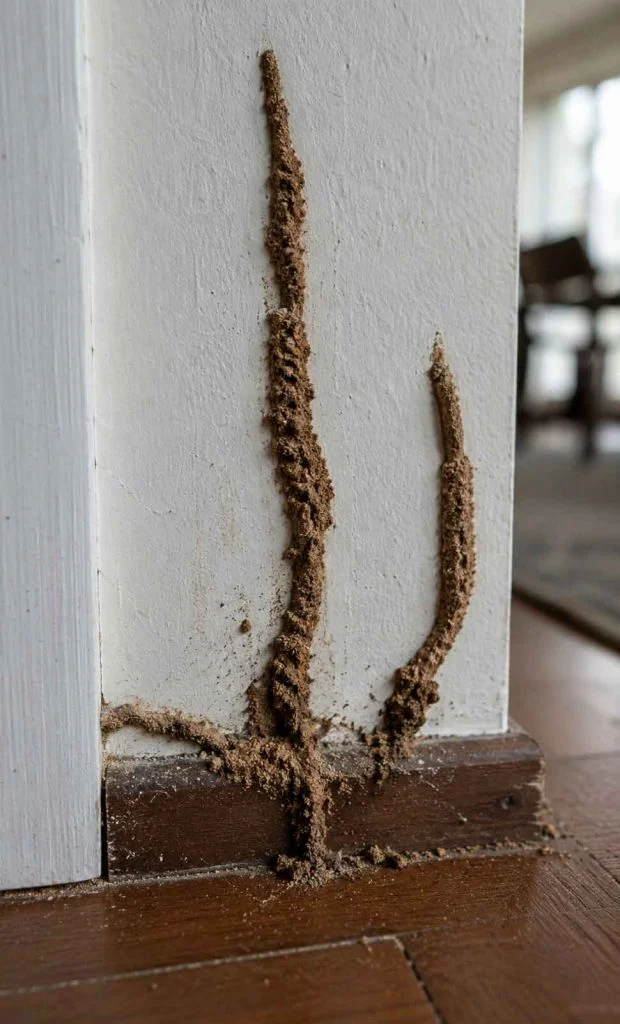 Mud tubes forming along interior wall base beside timber skirting