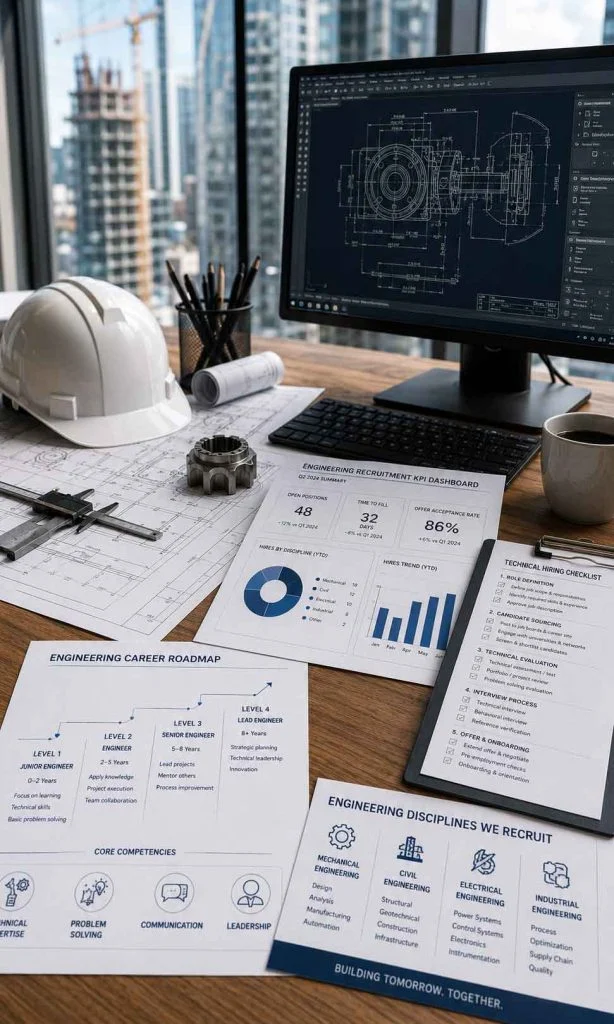 Engineering recruitment workspace with blueprint, engineering career roadmap, technical hiring checklist, and recruitment analytics.