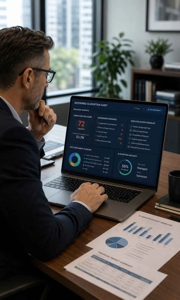 Business leader using an AI adoption audit tool to review hidden costs