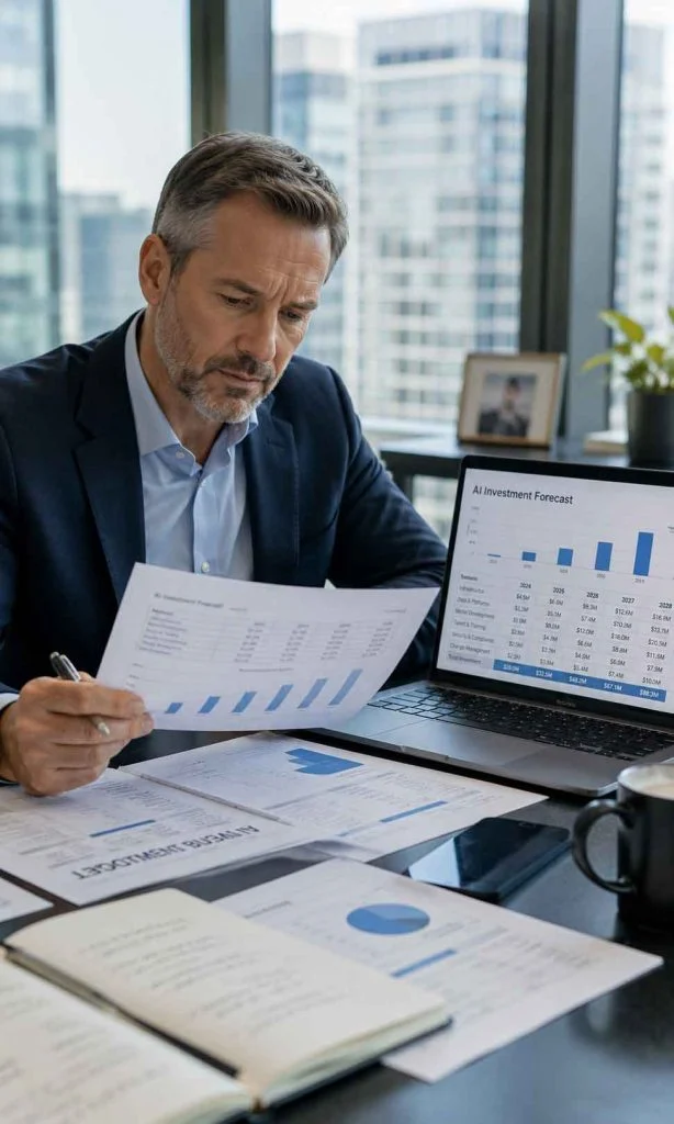 Finance leader reviewing enterprise AI budget planning documents