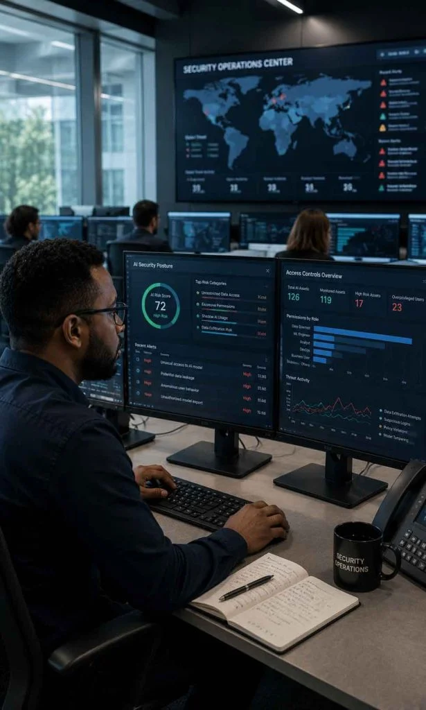 Cybersecurity manager monitoring enterprise AI security risks