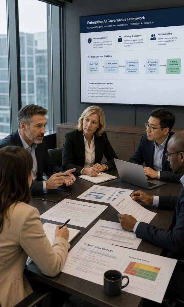 Executives discussing enterprise AI governance policies