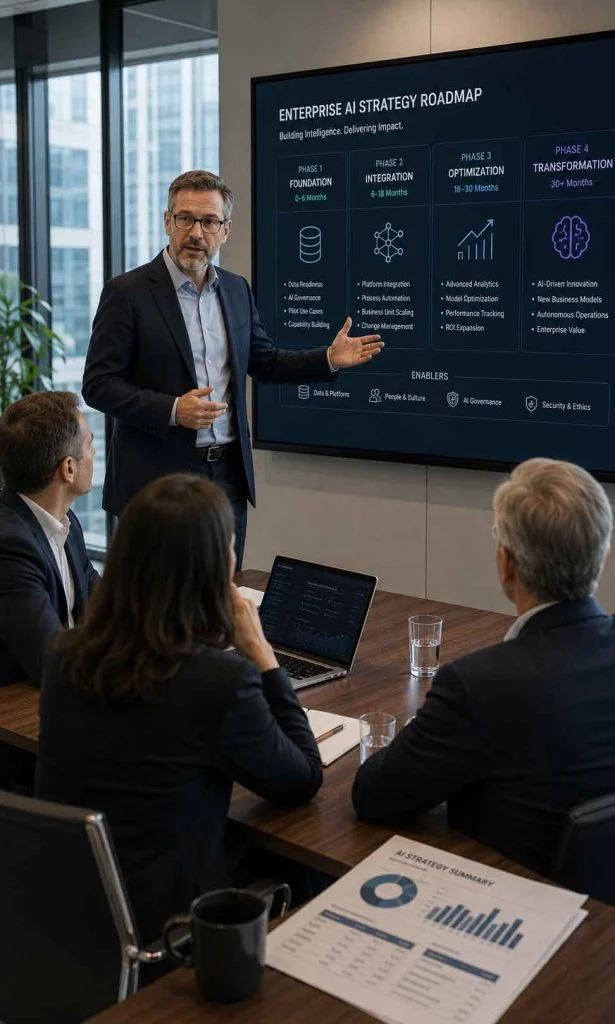 Executive presenting enterprise AI strategy roadmap to leadership team