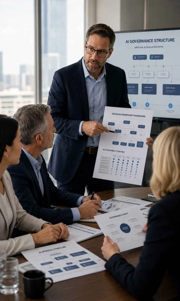 Enterprise executives reviewing AI decision ownership and accountability framework
