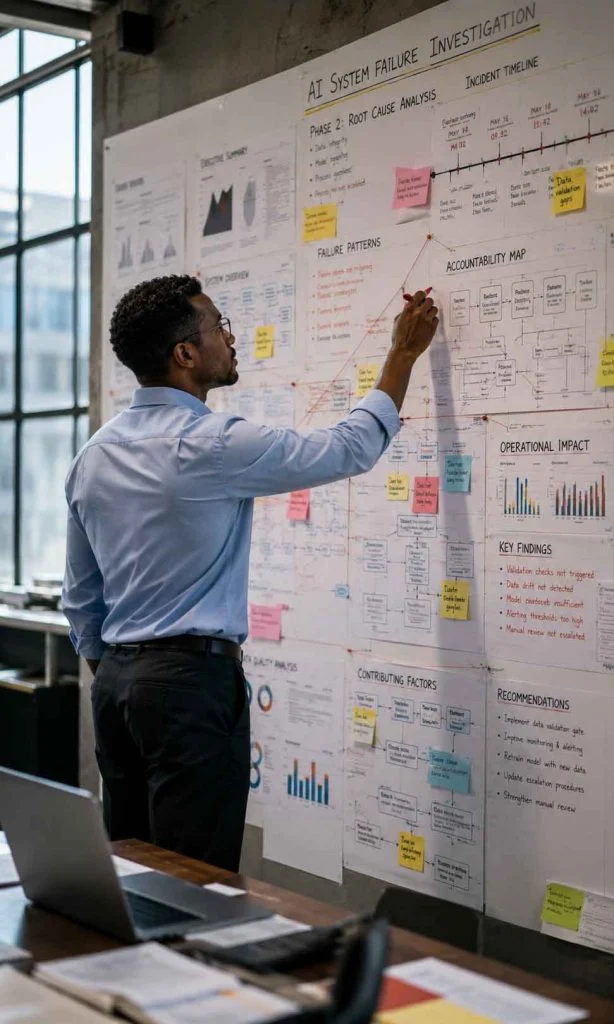 Business analyst investigating recurring AI failure causes through operational evidence and process mapping