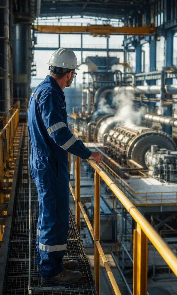 Infrastructure engineer observing industrial operations inside power generation facility