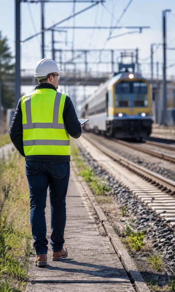 Transportation strategist walking beside active railway infrastructure