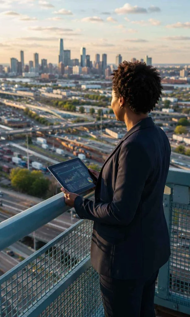 Urban operations strategist overlooking interconnected smart city infrastructure