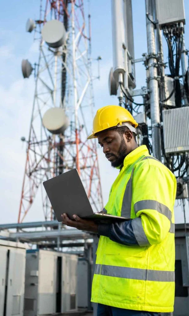 Network operations specialist standing among telecommunications infrastructure