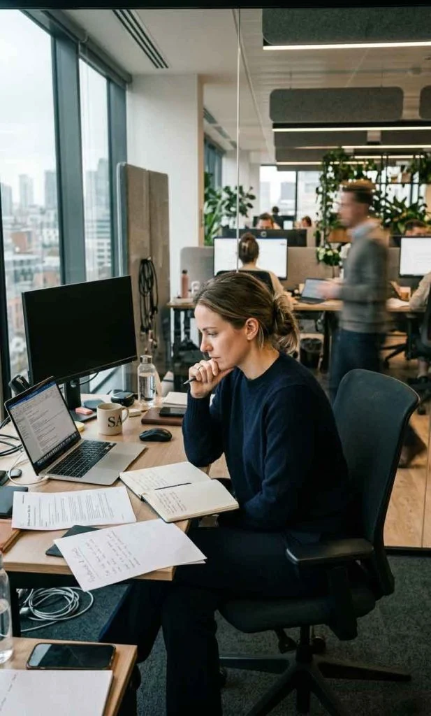 Professional recognizing self-critical thoughts before reacting emotionally