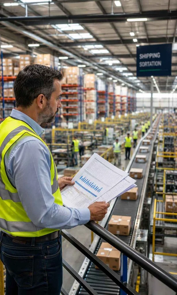 Distribution center manager analyzing business performance beyond productivity metrics