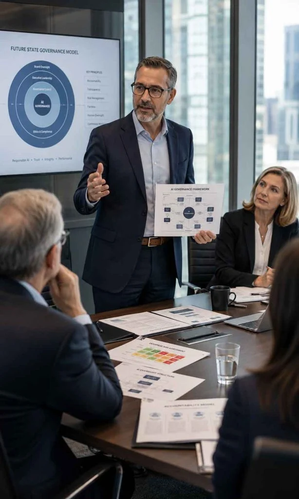 Executive leadership reviewing future AI accountability and governance model