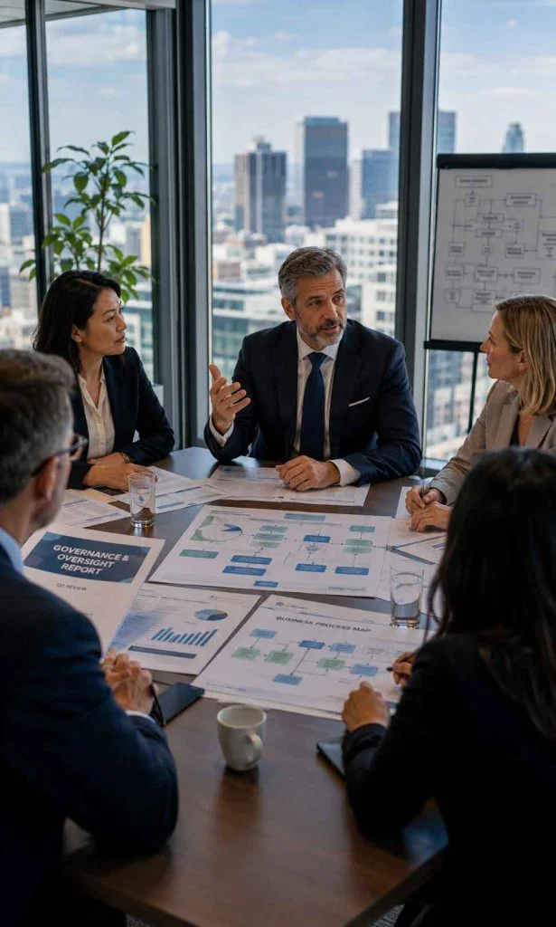 Senior executives discussing which business decisions should remain human-led