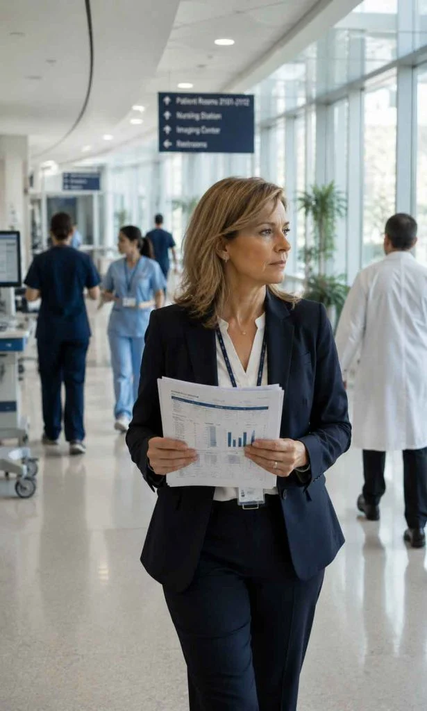 Hospital operations director reviewing workflow efficiency and patient throughput metrics