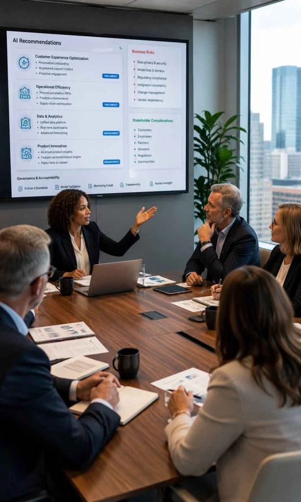Enterprise leaders applying human judgment alongside AI recommendations