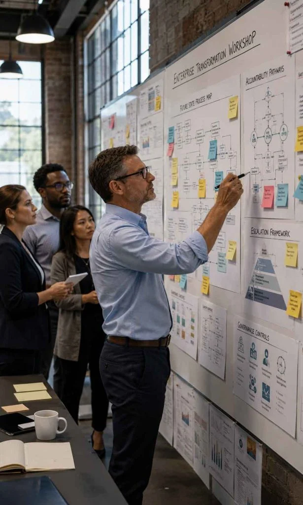 Enterprise transformation team redesigning governance controls to prevent recurring AI failures