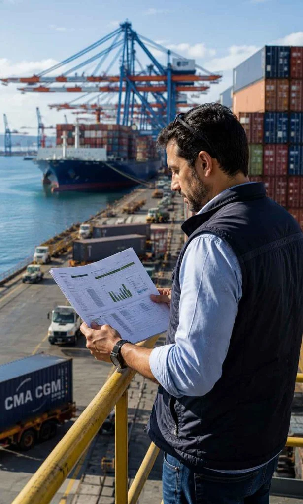Port logistics manager reviewing operational performance indicators and shipping metrics