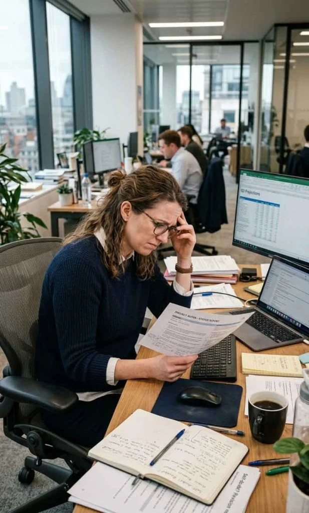 Professional experiencing different forms of negative self-talk during daily work