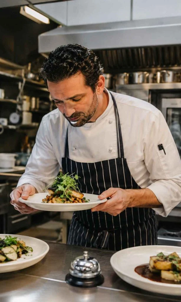 Chef evaluating food texture before service
