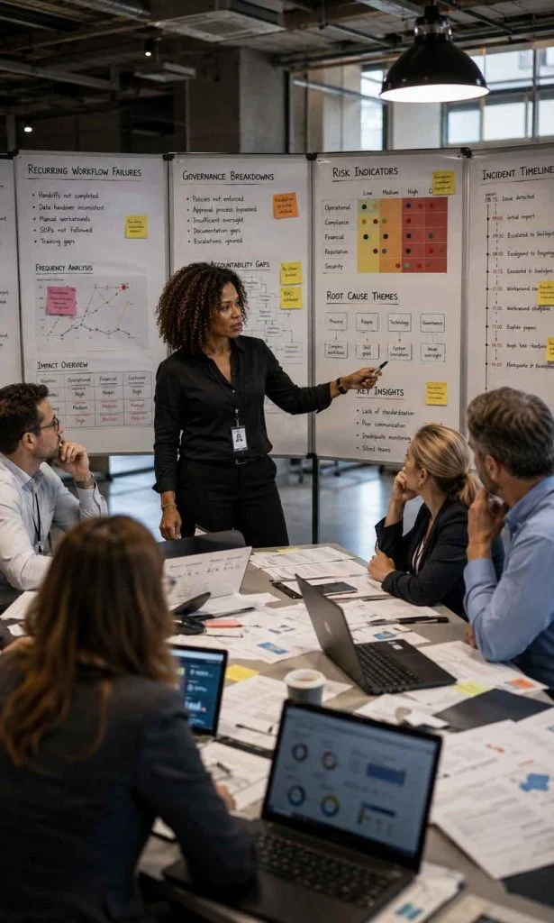 Cross-functional team identifying recurring enterprise AI failure patterns across governance and operations