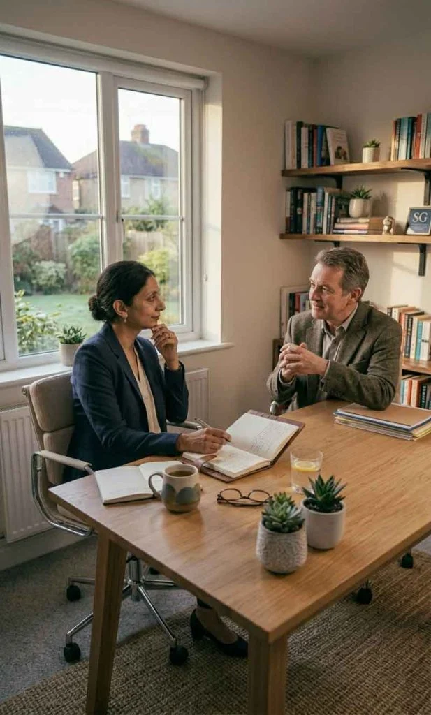Professional mental health support discussion in realistic setting