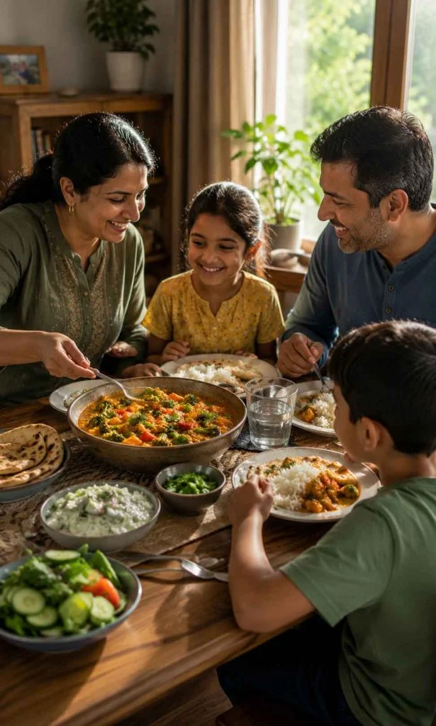 Family enjoying homemade vegetable curry together