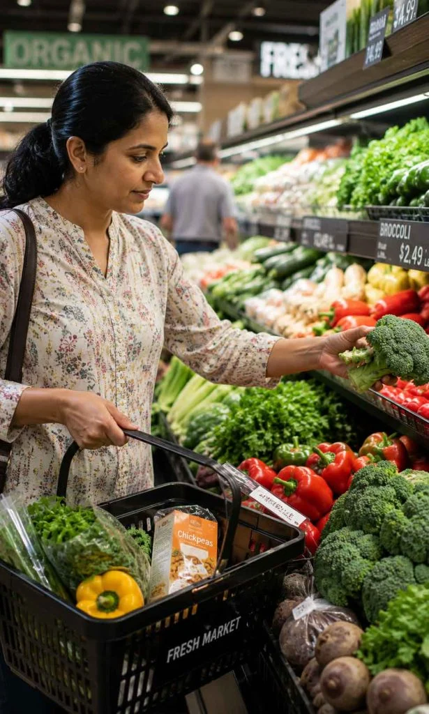 Parent selecting vegetables for vegetable curry at supermarket