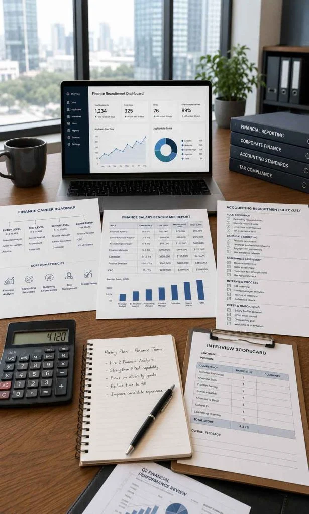 Finance recruitment workspace with salary benchmark report, financial hiring roadmap, interview checklist, and accounting recruitment dashboard.