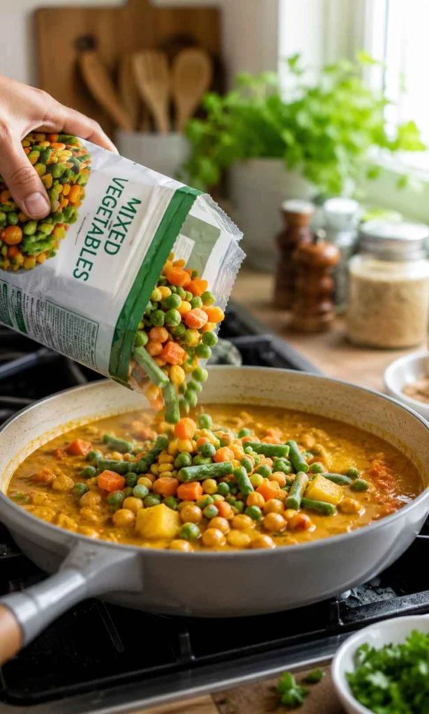 Frozen vegetables prepared for quick curry recipe