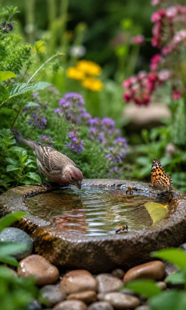 shallow garden water source attracting birds bees and butterflies