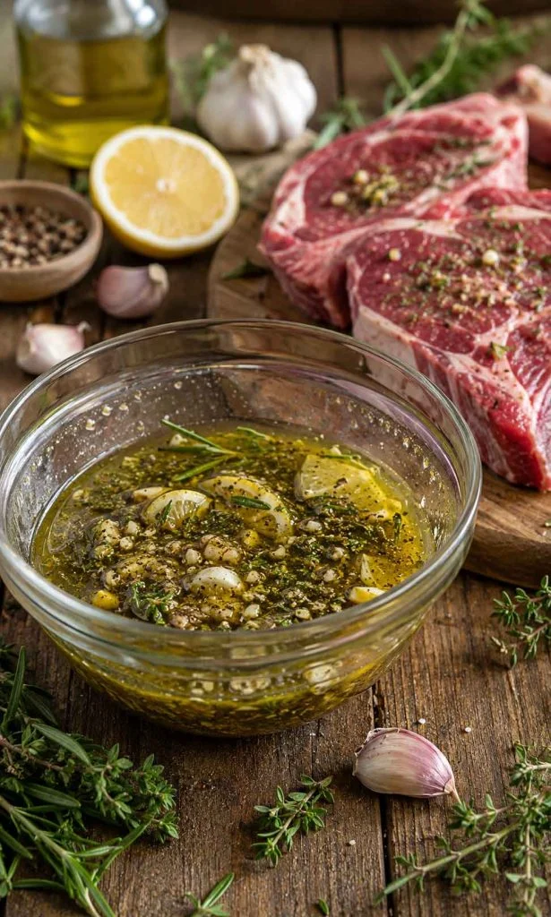 Fresh garlic herb marinade prepared for lamb barbecue.