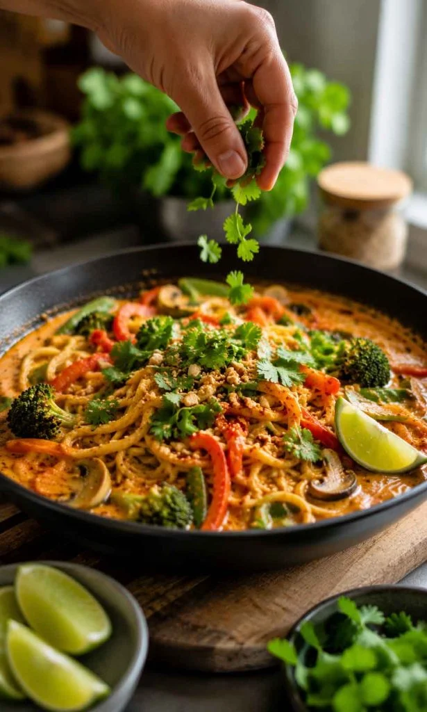Fresh herbs added to curry noodles