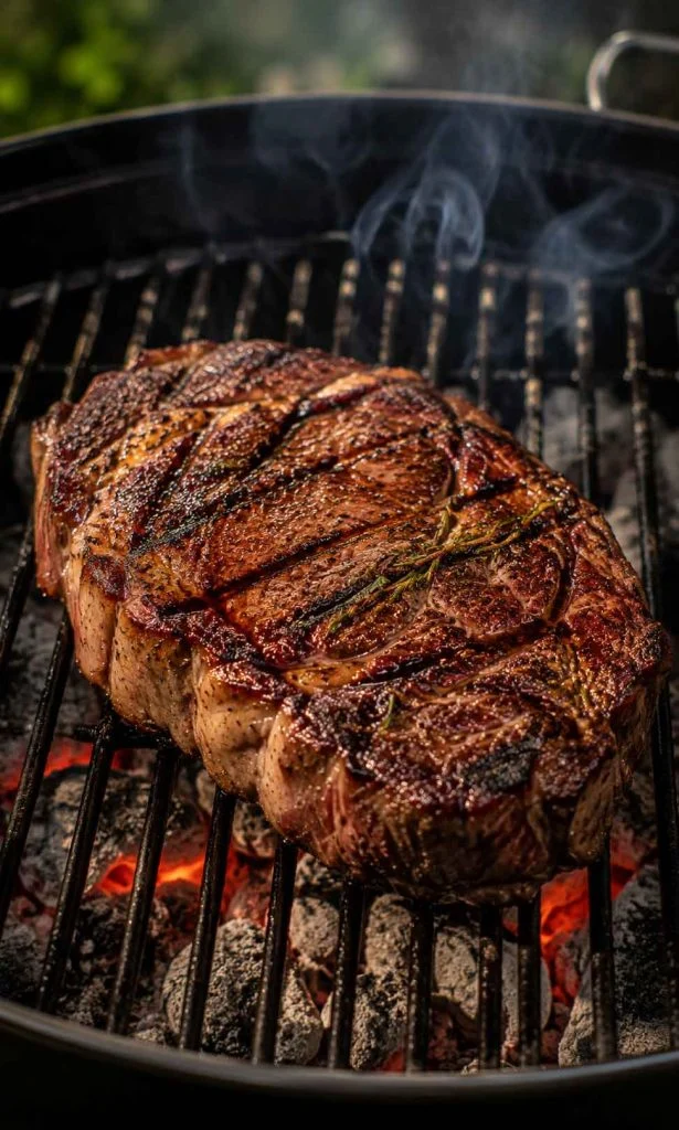 Red wine marinated steak cooking over hot charcoal grill with visible grill marks.