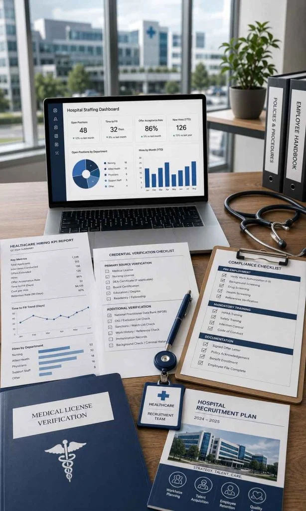 Healthcare recruitment workspace with credential verification checklist, hospital staffing dashboard, and medical hiring documents.