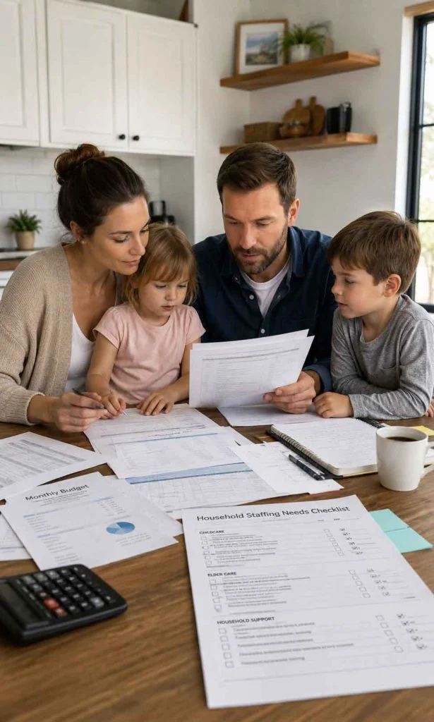 Family evaluating household staffing requirements and hiring readiness