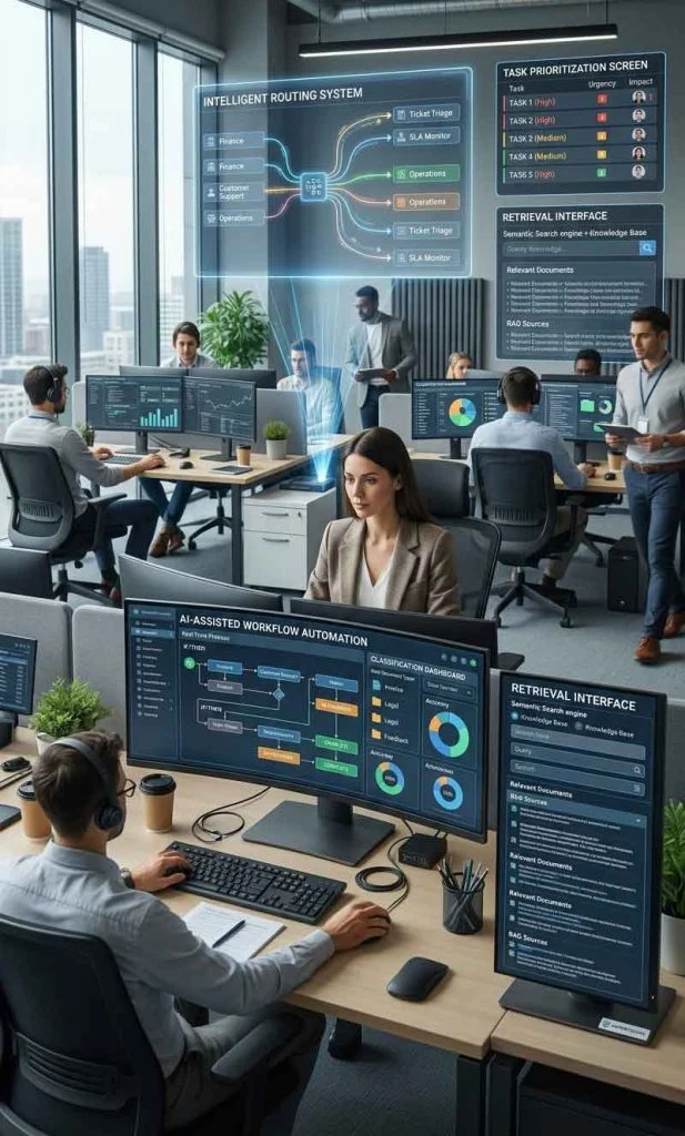 Artificial intelligence improving workflow automation through routing, classification, and retrieval