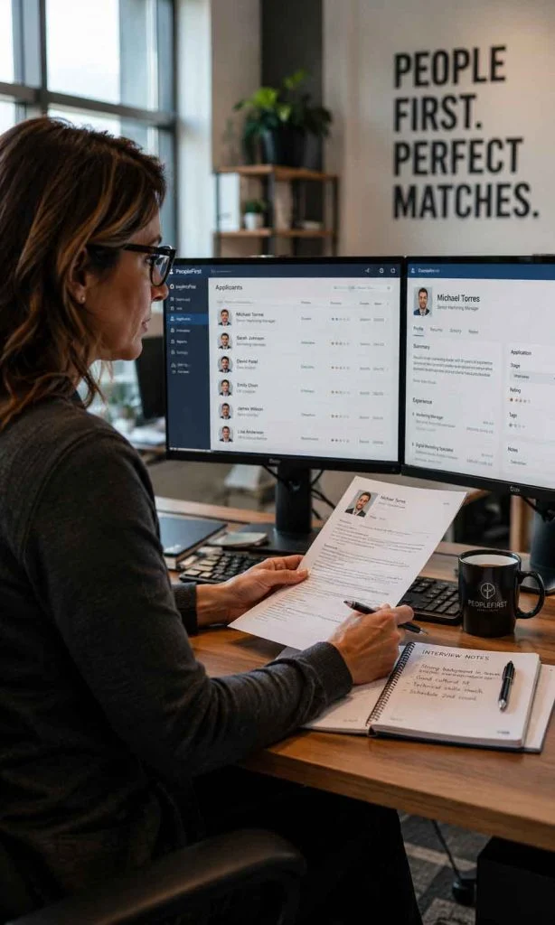 Recruiter reviewing candidate resumes during the staffing agency recruitment process.