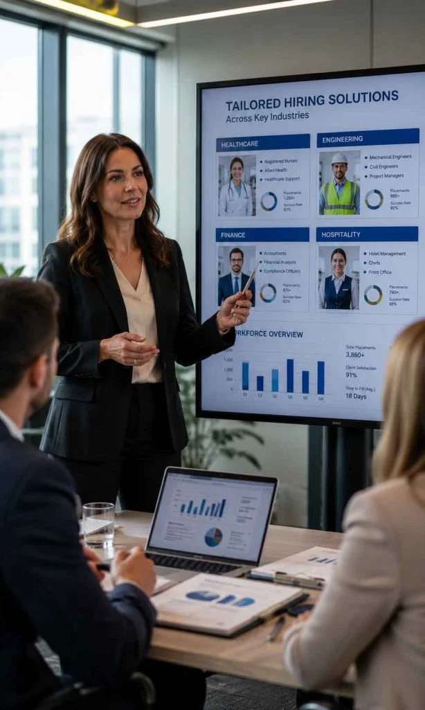 Recruitment consultant discussing hiring solutions across multiple industries.