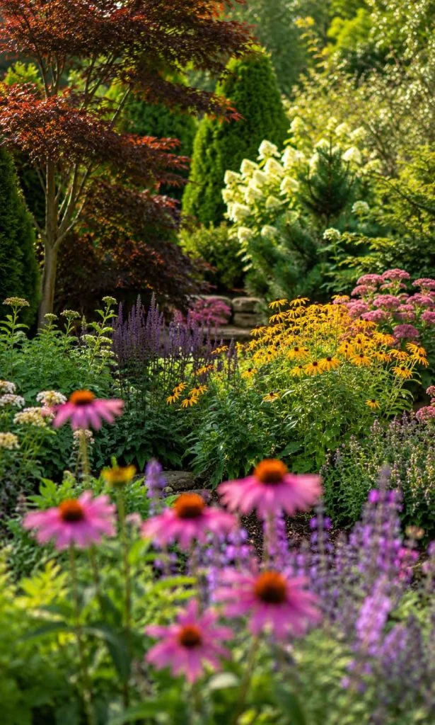 layered planting design supporting biodiversity in a home garden