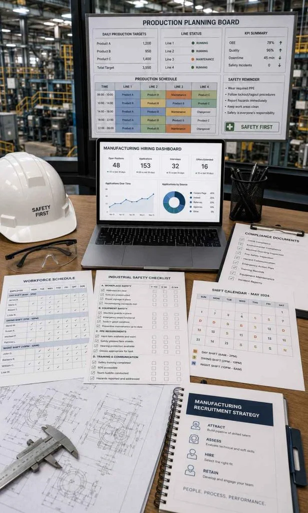 Manufacturing recruitment workspace with production planning board, factory hiring dashboard, safety checklist, and workforce scheduling documents.