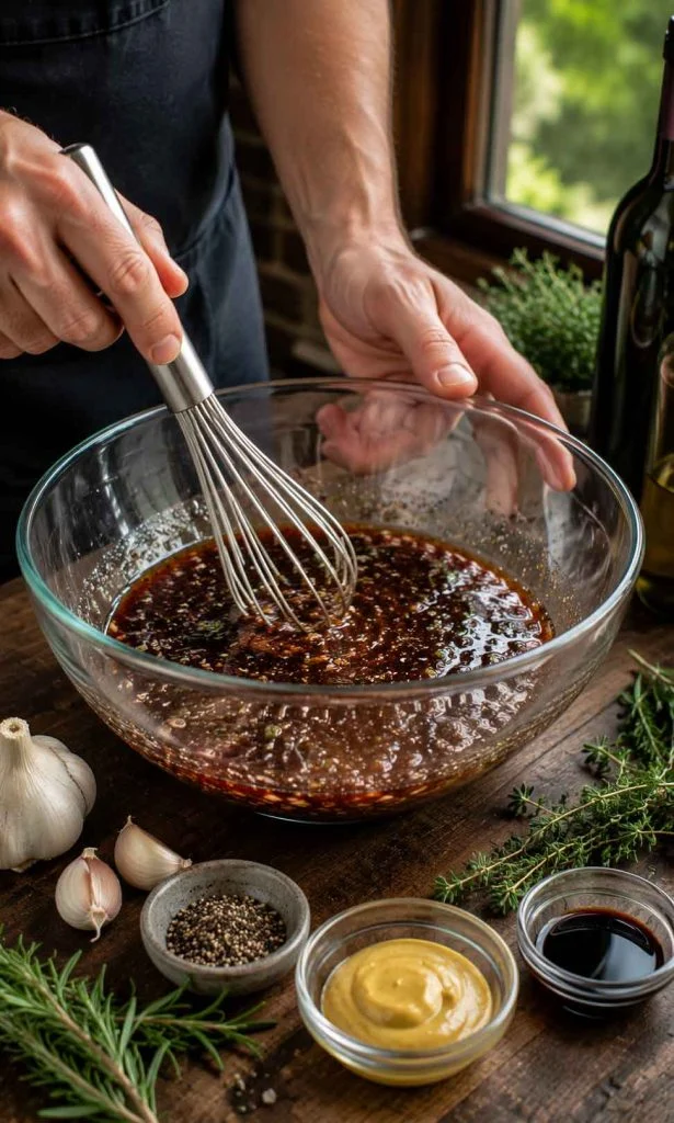 Chef whisking a homemade red wine barbecue beef marinade in a glass mixing bowl.
