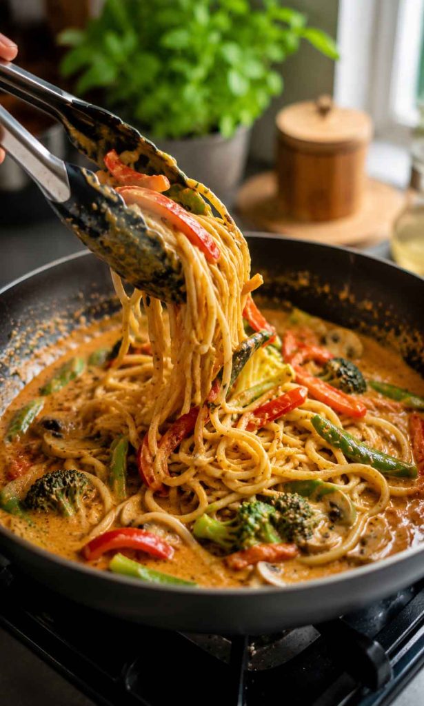 Noodles coated in coconut curry sauce