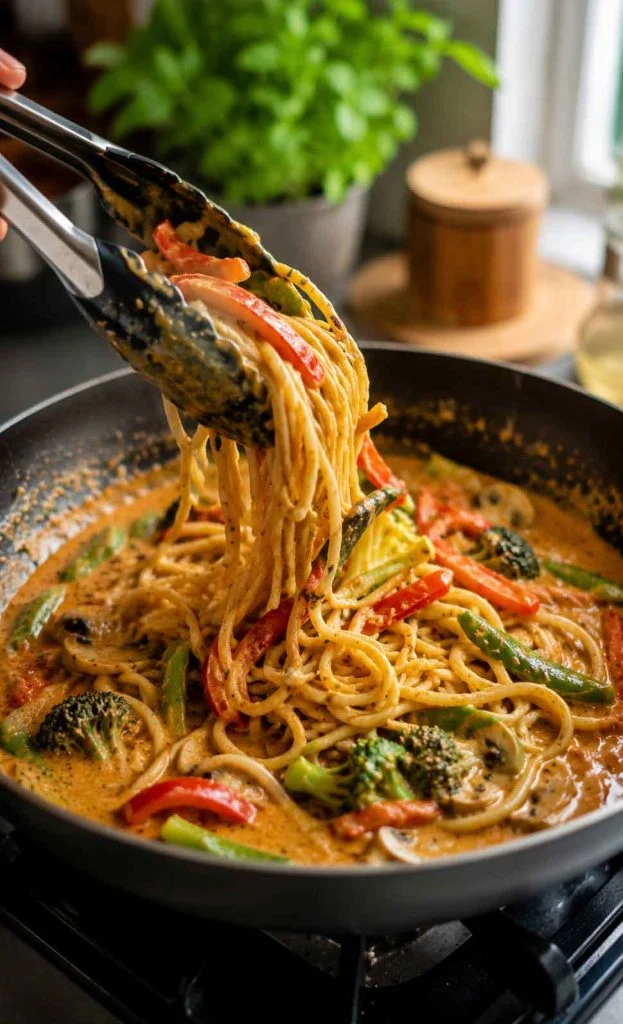 Noodles coated in coconut curry sauce